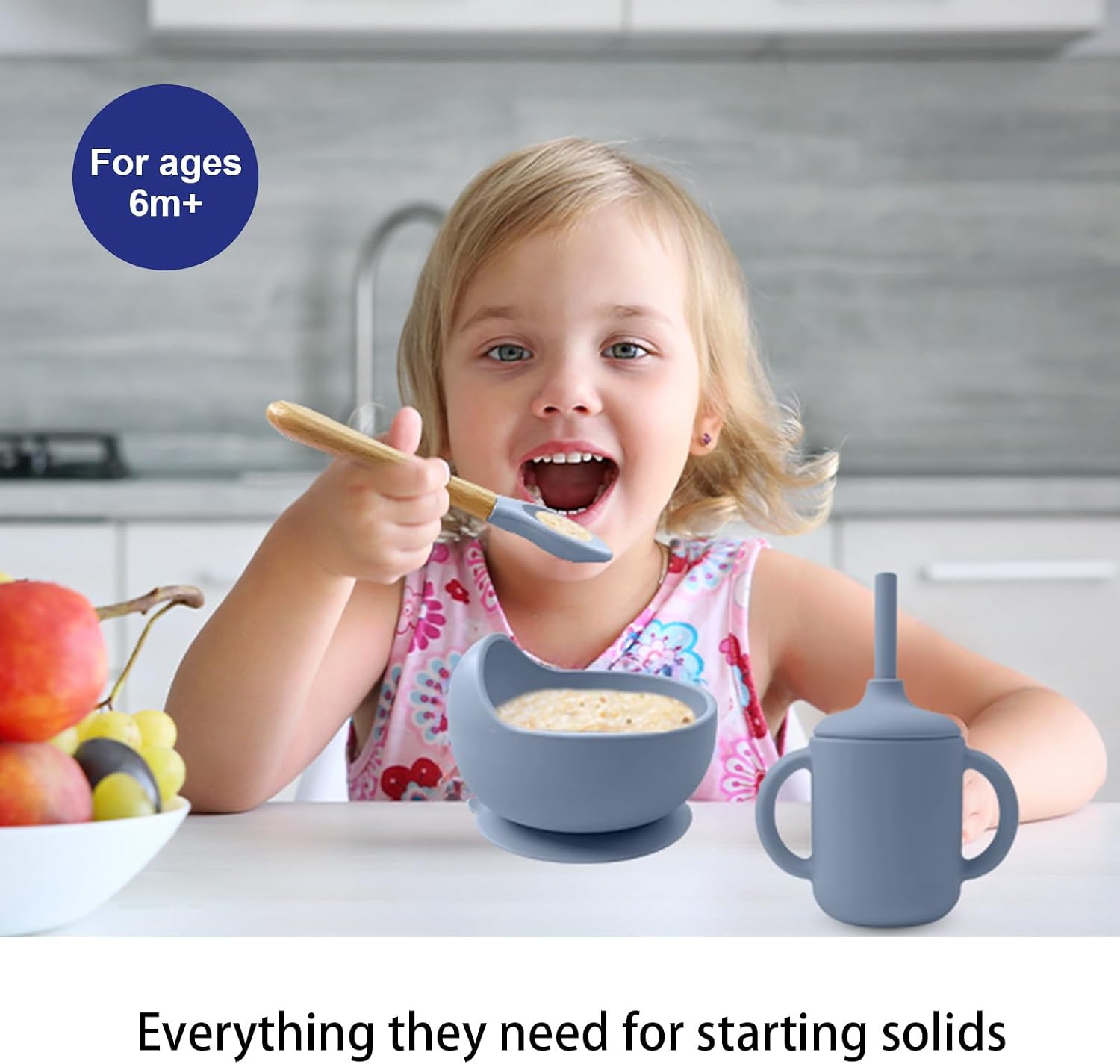 Silicone Baby Feeding Set 14 Pcs,Baby Led Weaning Supplies, Baby Spoons Suction Bowl Divided Plate Bib Cup Finger Brush,First Stage Solid Food Eating Utensils - 6+ Months(Blue Gray)
