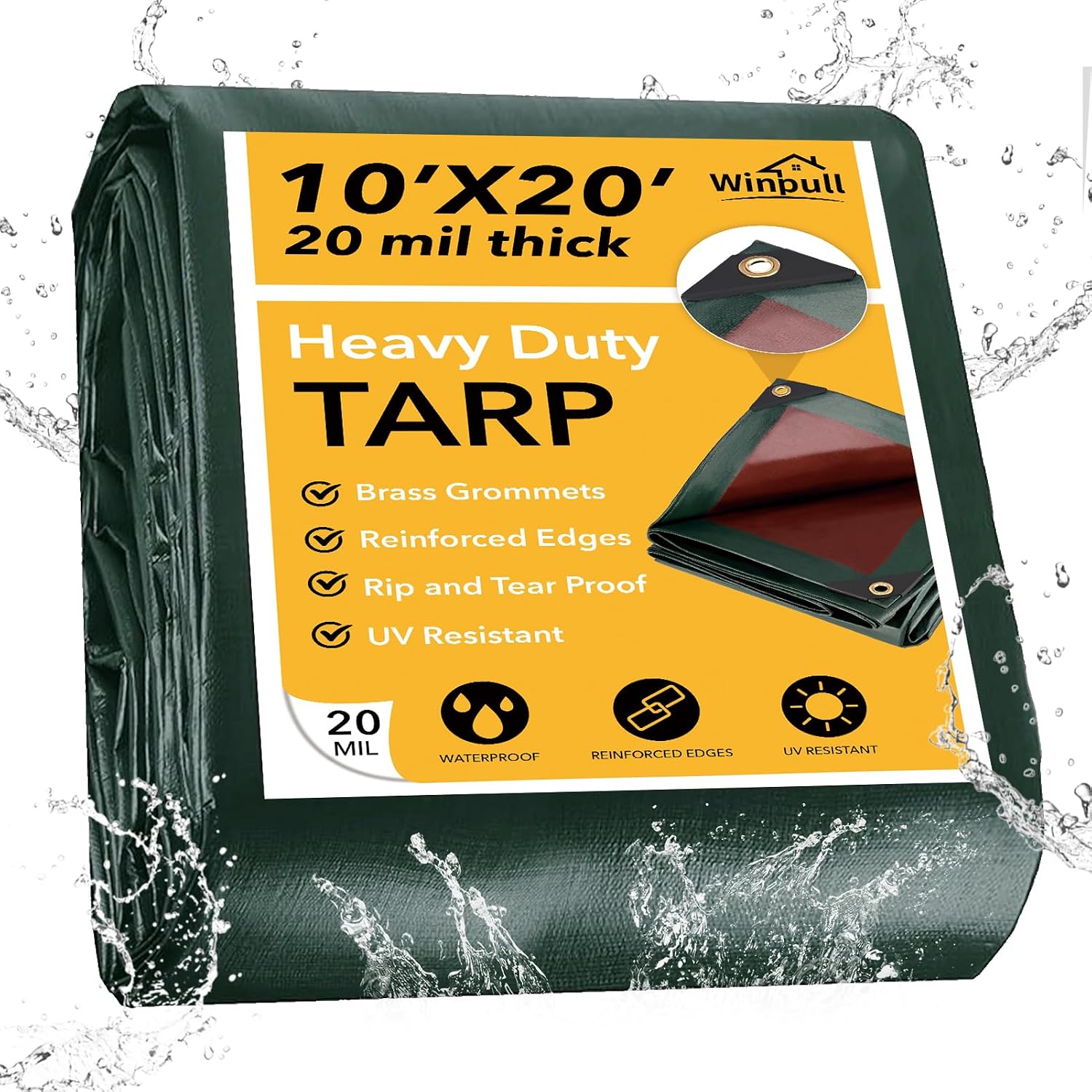 Winpull Tarp 10x20FT, 20 Mil Thinked Tarps Heavy Duty Waterproof, Multipurpose Poly Tarp Cover for Outdoor Camping Pool Car Tent, Green/Brown Tarp