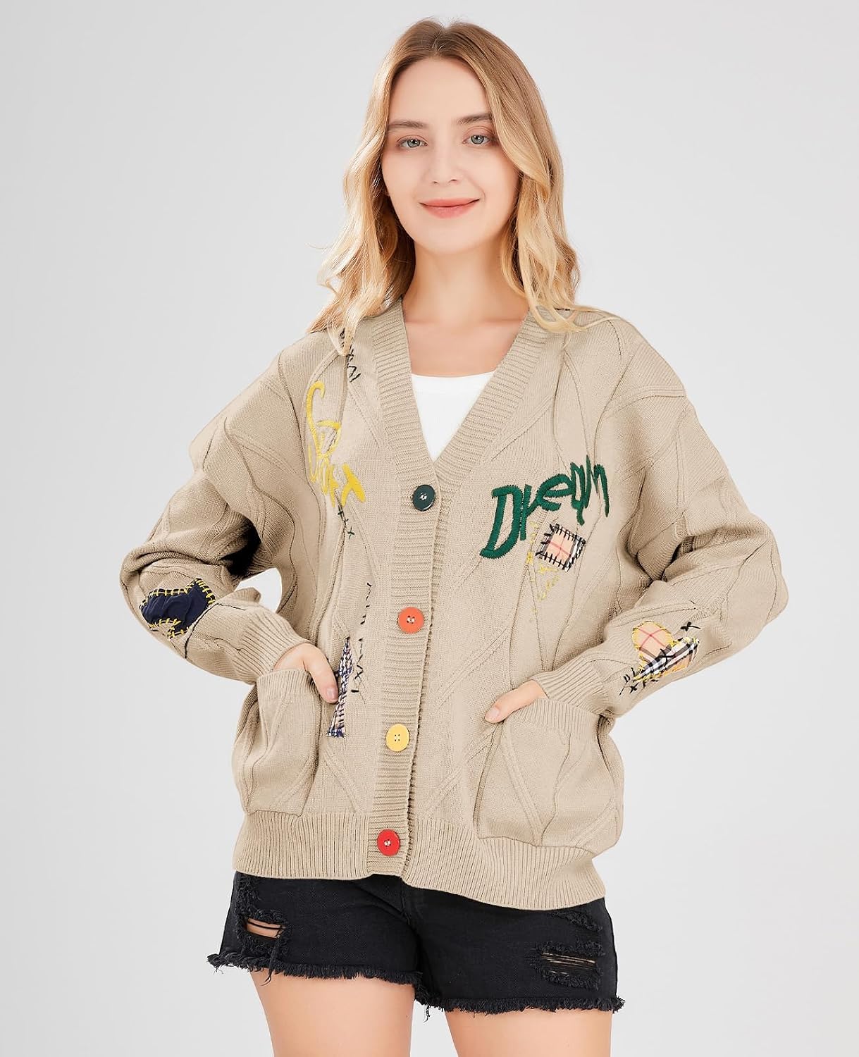 Women's Cable Knit Long Sleeve Open Front Cardigan Sheep V-Neck Button Down Embroidery Wool Blend Sweater Coat Outwear