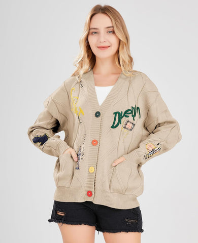 Women's Cable Knit Long Sleeve Open Front Cardigan Sheep V-Neck Button Down Embroidery Wool Blend Sweater Coat Outwear