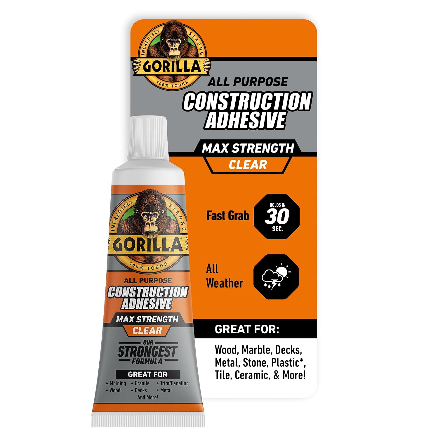 Gorilla Max Strength Construction Adhesive, Clear, 2.5 oz