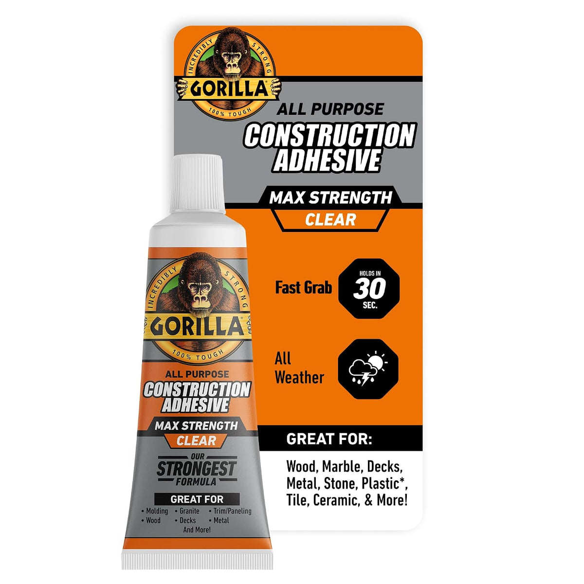 Gorilla Max Strength Construction Adhesive, Clear, 2.5 oz