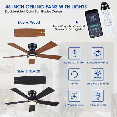 Brown RGB Ceiling Fans with Lights - 46" Flush Mount Ceiling Fan with Remote APP, RGB+3CCT Dimmable Led Light, Reversible 6 Wind Speeds&2H Timer, Low Profile Modern Fan Light Fixture for Bedroom Party