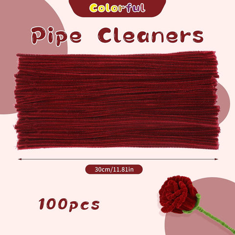 100Pcs Pipe Cleaners, Wine Red Chenille Stems for Flowers Making