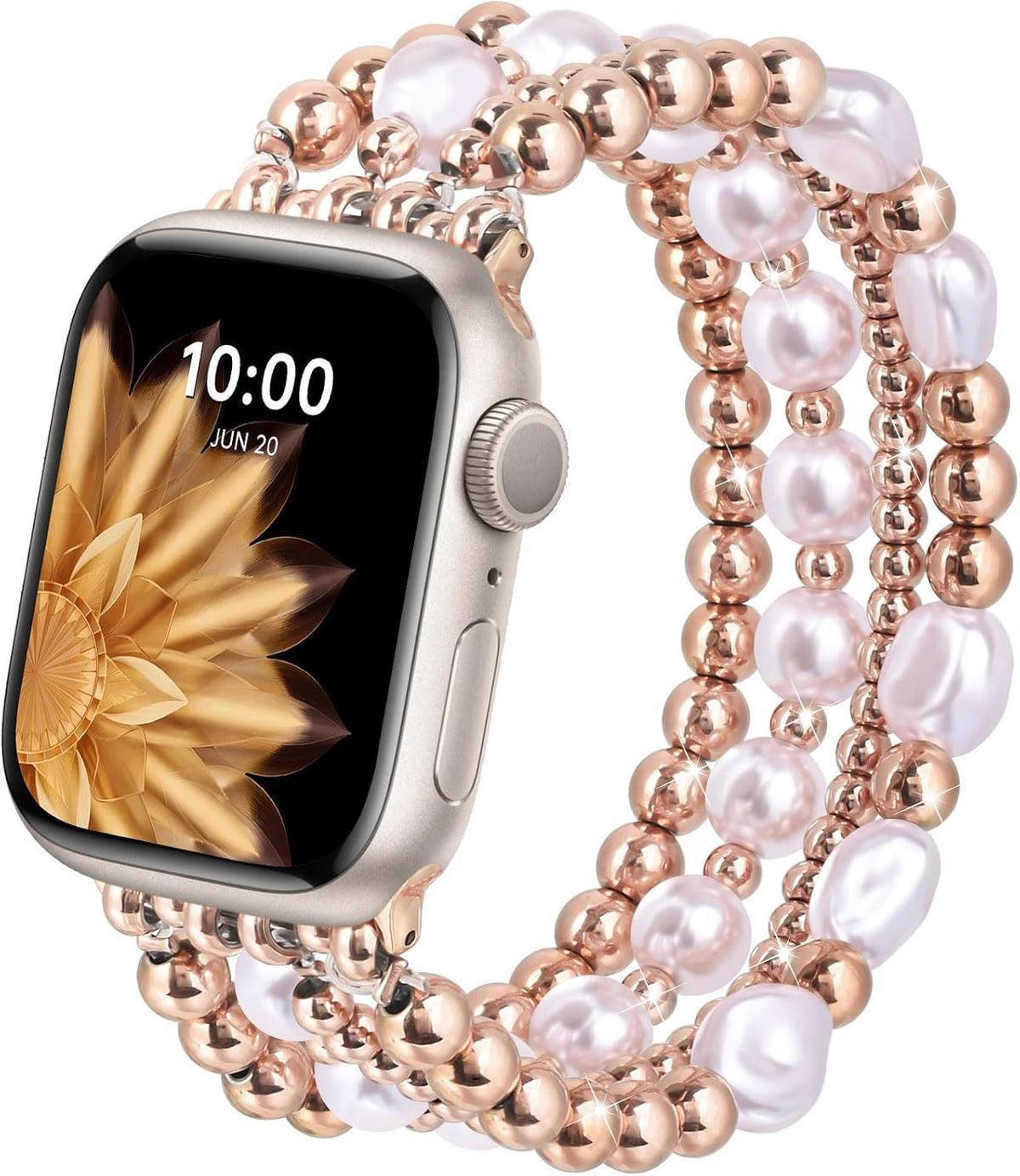 AIRSPO Gold Beaded Bracelets Compatible for Apple Watch Band 38mm 40mm 41mm 42mm Women, Fashion Handmade Dressy iPhone Watch Bands Stainless Steel Beads Elastic Strap for iWatch Series 11 10 9 SE 8 7 6 5 4 3 2 1 (Pink Pearl Rose Gold)