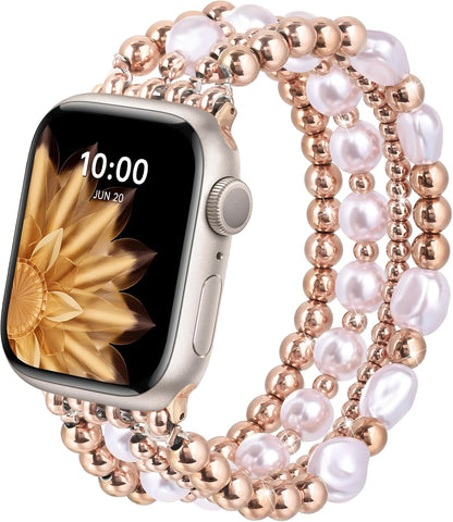 AIRSPO Gold Beaded Bracelets Compatible for Apple Watch Band 38mm 40mm 41mm 42mm Women, Fashion Handmade Dressy iPhone Watch Bands Stainless Steel Beads Elastic Strap for iWatch Series 11 10 9 SE 8 7 6 5 4 3 2 1 (Pink Pearl Rose Gold)