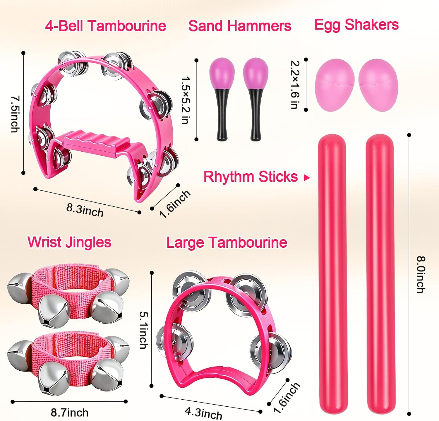 10Pcs Pink Tamborines Musical Instrument Adults, Kids Music Percussion Set