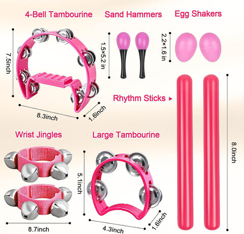 10Pcs Pink Tamborines Musical Instrument Adults, Kids Music Percussion Set