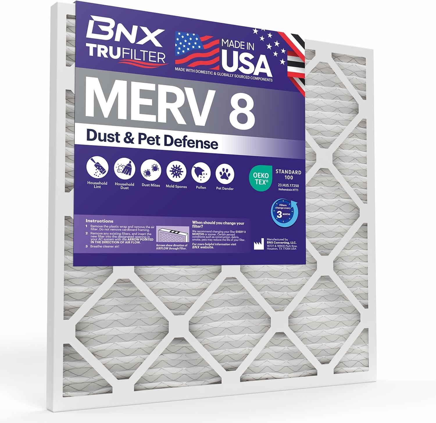 BNX TruFilter 10x24x1 Air Filter MERV 8 (4-Pack) - MADE IN USA – Dust & Pet Defense Electrostatic Pleated Air Conditioner HVAC AC Furnace Filters for Dust, Pet, Mold, Pollen MPR 600 – 700 & FPR 5