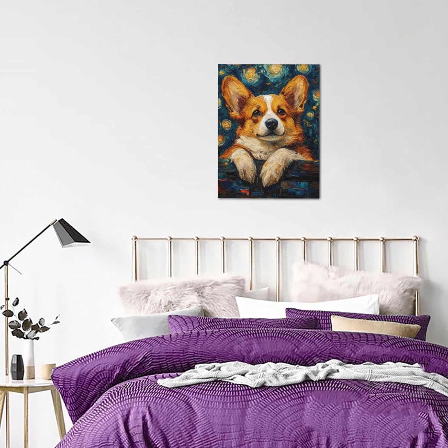Corgi Starry Night Canvas Wall Art Animal Pictures for Kitchen Living Room Bedroom Bathroom Office,Corgi Abstract Print Dog Painting Home Modern Art Work Framed Wall Art Decor 16" x 12"