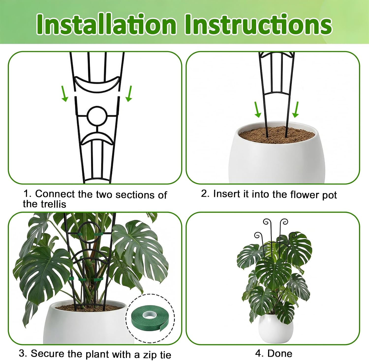 Monstera Plant Support - 4-Pack of 32.6" Tall Plant Trellis Stakes for Large Indoor Vines | Adjustable Dual Pole Frame for Monstera Deliciosa & Potted Plants