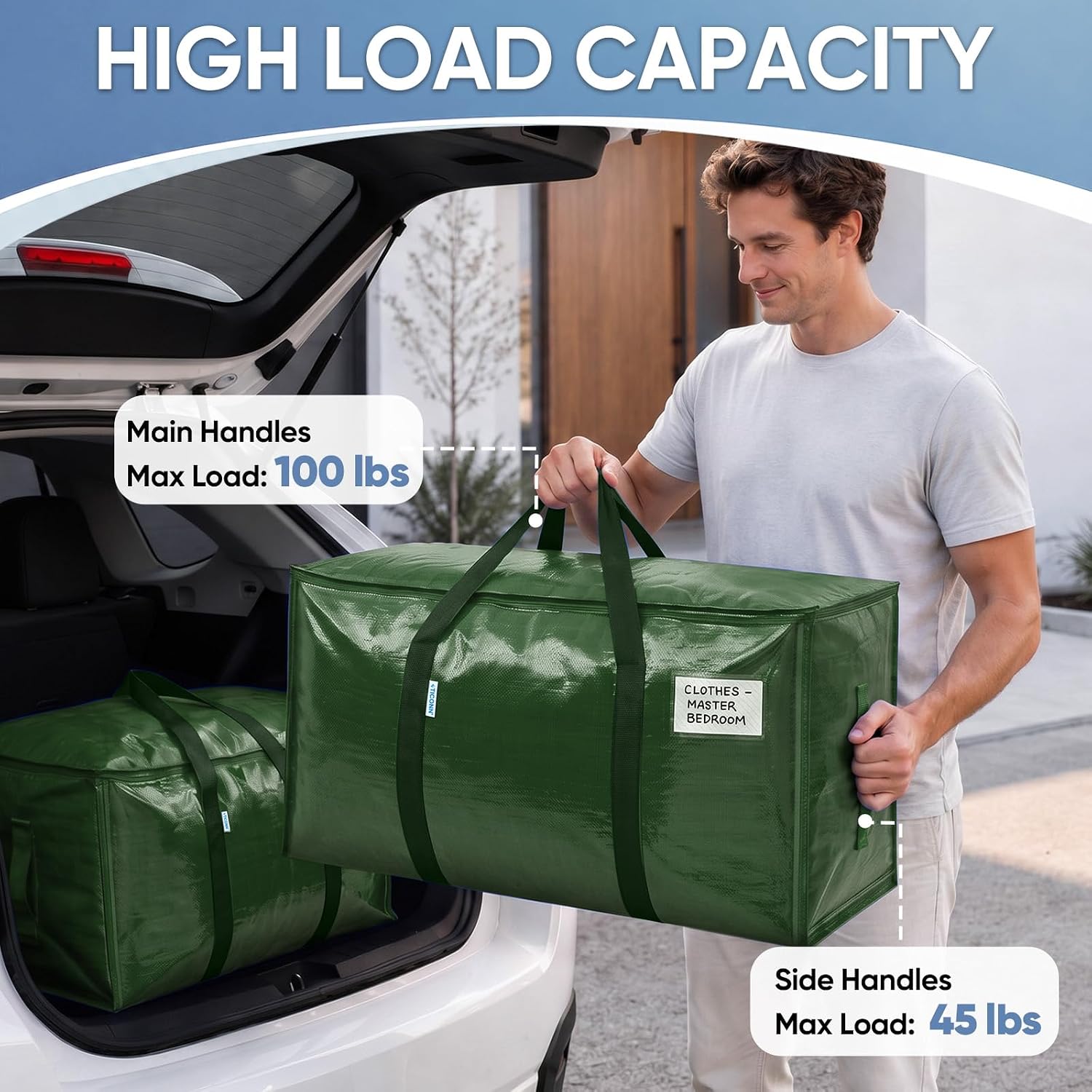 TICONN 2 Pack Extra Large Moving Bags Heavy Duty with Zippers & Carrying Handles, Durable Storage Bags Moving Boxes for Closet Organizers and Storage (2 Pack, Olive)