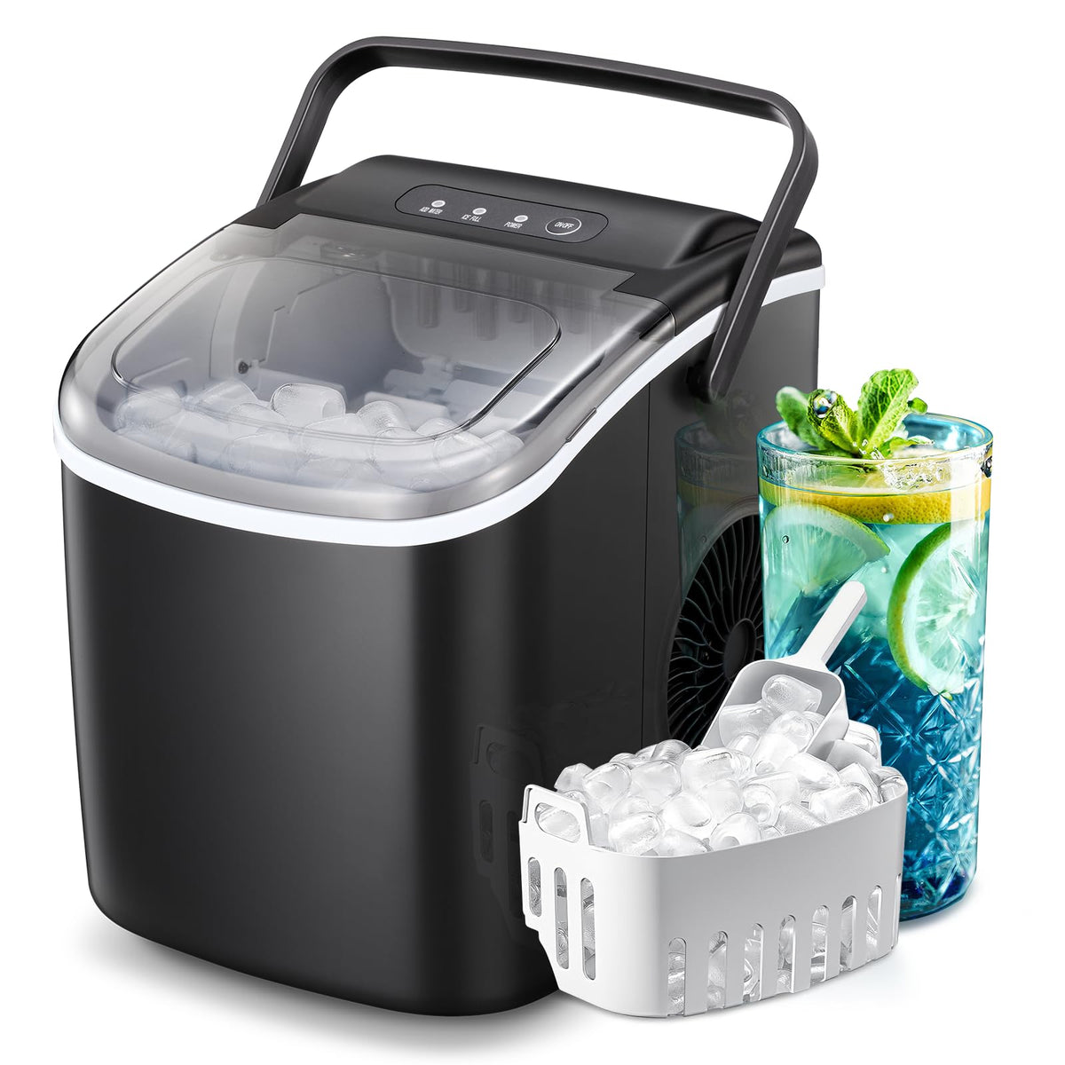 ZAFRO Countertop Ice Maker, Portable Self Cleaning Bullet Ice Maker with Handle, 9 Ice Cubes in 8 Minutes, 26Lbs in 24 Hours, Ice Basket and Ice Scoop, Compact Design for Home/Office, Black