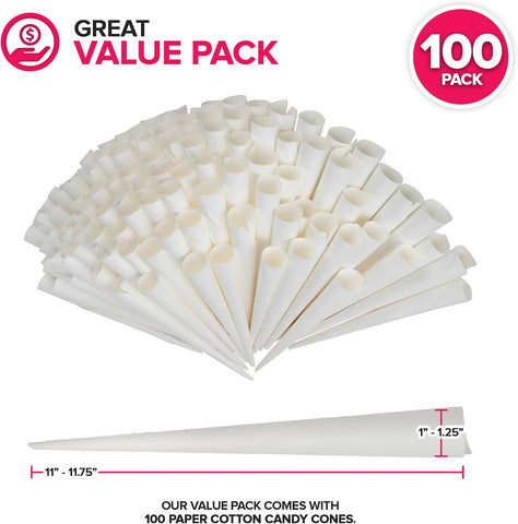 Cotton Candy Cones (100 Pack) – White Kraft Paper Sticks for Floss Sugar & Carnival Treats, Compatible with Cotton Candy Machines – Stock Your Home