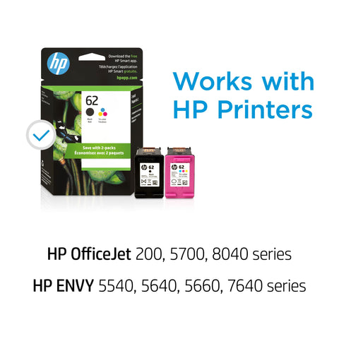 HP 62 Black/Tri-color Ink (2-pack) | Works with HP ENVY 5540, 5640, 5660, 7640 Series, HP OfficeJet 5740, 8040 Series, HP OfficeJet Mobile 200, 250 Series | Eligible for Instant Ink | N9H64FN