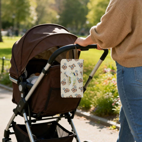 Quilted Baby Wipe Holder Quilted Wipe Pouch Portable Hanging Floral Wet Wipes Bag for Car, Stroller (Bear 2)