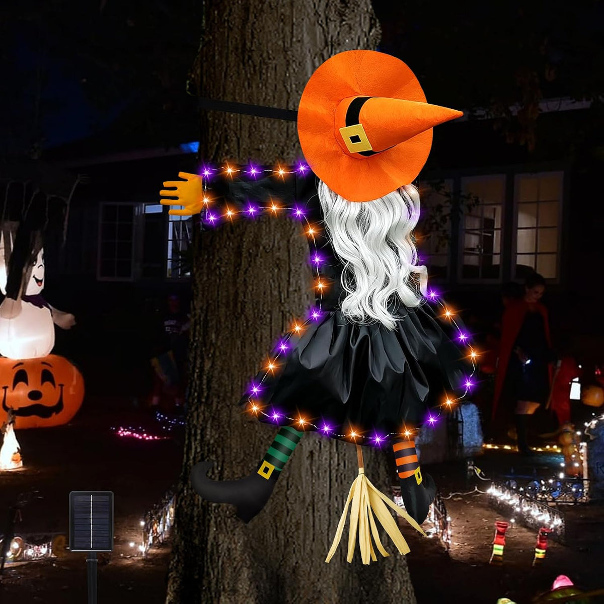 Halloween Decorations Outdoor, Solar Witch, Orange-Silver Hair