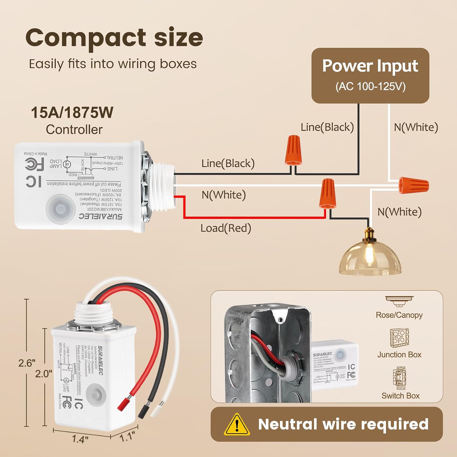 SURAIELEC Wireless Light Switch Kit with Receiver, 15A RF Remote Control