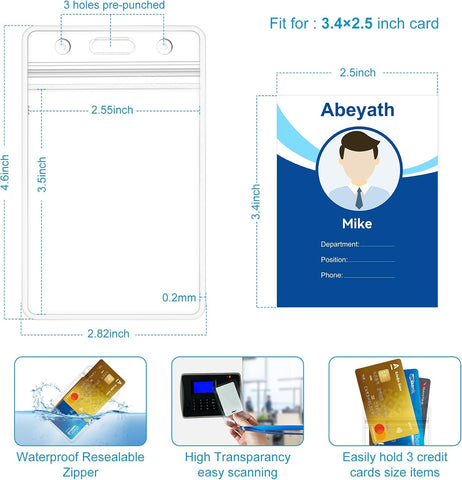 ABEYATH 10 Pack Extra Thick ID Card Name Badge Holder Heavy Duty Waterproof Clear Plastic PVC Vertical Sleeve Pocket Resealable