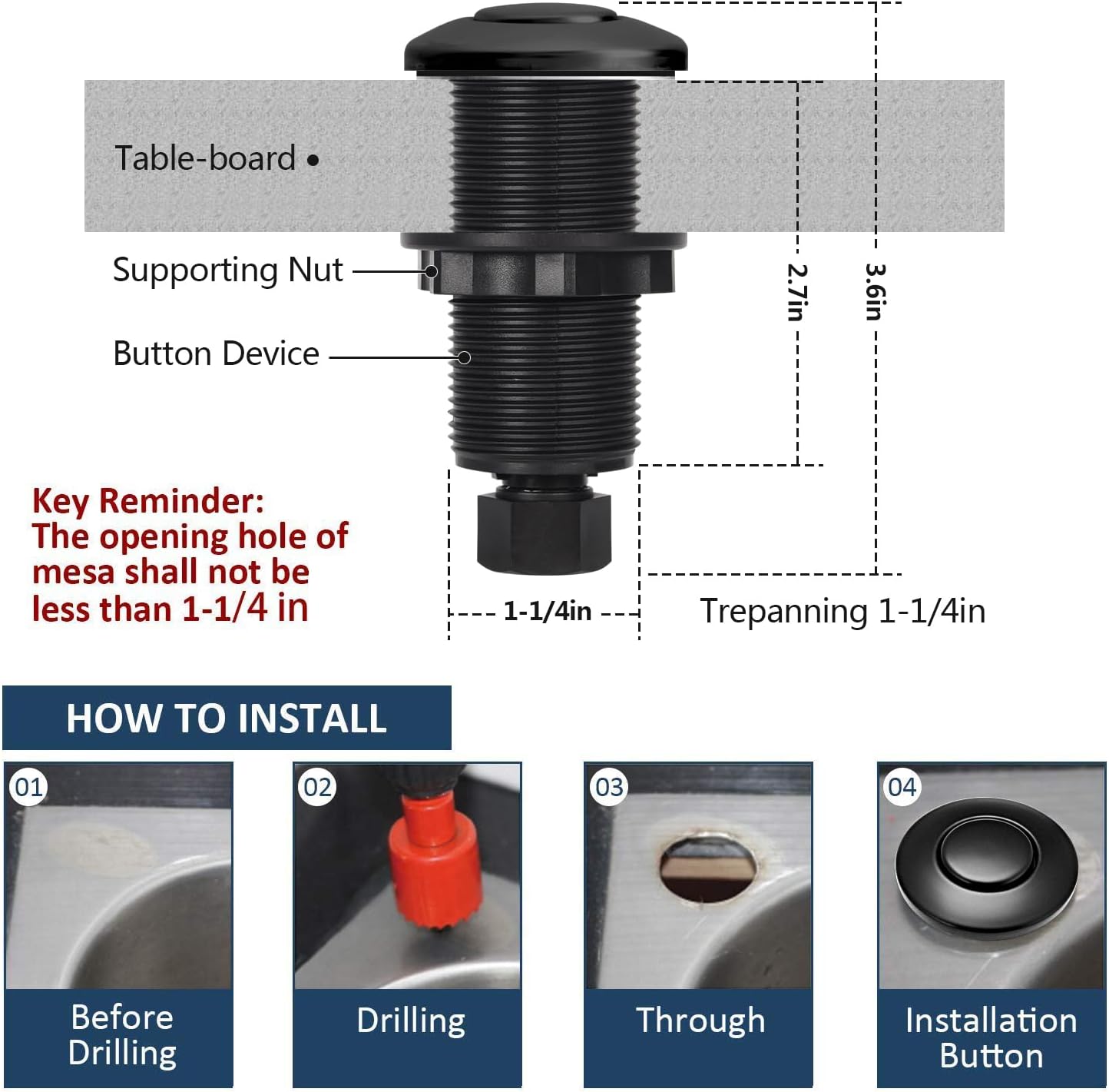 Garbage Disposal Air Switch Kit Single Outlet Sink Top Waste Disposal Long Stainless Steel Black On/Off Air Button Food and Waste Disposals Part by Etoolcity