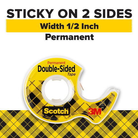 Scotch Double-Sided Tape, 1/2 in x 250 in (12.7 mm x 6.35 m), 3 Pack