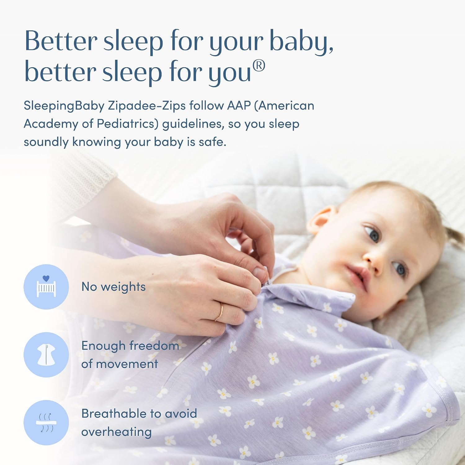 SleepingBaby Zipadee-Zip Transition Swaddle - Cozy Baby Swaddle Blanket with Zipper Convenience - Roomy Wearable Blanket for Easy Diaper Changes - Paperwhite Flowers, Large (12-24 Month)