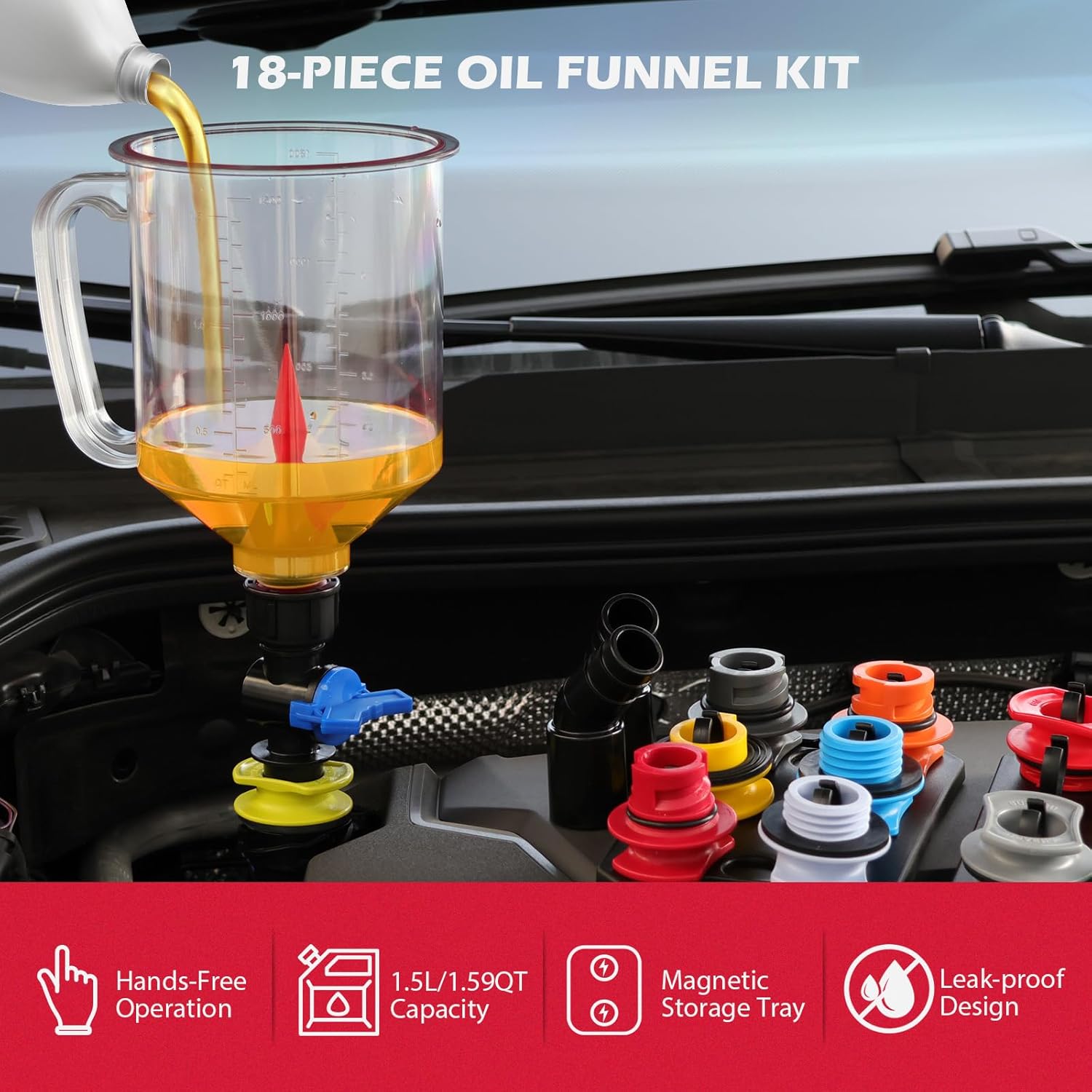 18-Piece Engine Oil Funnel Kit, 1.59QT/1.5L Automotive Oil Funnel Set with 12 Adapters, Elbow Fitting, Arrow Screen and Magnetic Storage Hooks Tray, Compatible with GM, Ford, BMW, Audi, Land Rover Etc