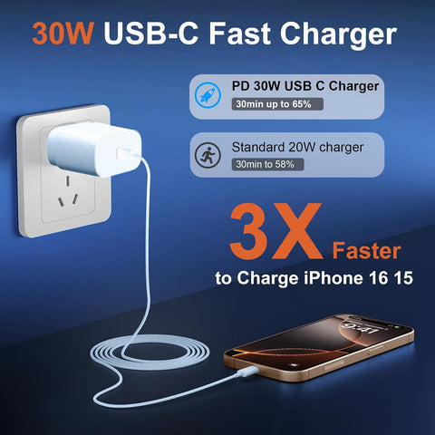iPhone 16 15 17 Pro Max Charger 30W Type C Chargers USB C Fast Charger Block iPhone 16 Chargers Fast Charging with 8FT C Charging Cable for iPhone 17/17 Pro Max/16/16 Pro Max/15/15 Pro/iPad/Samsung