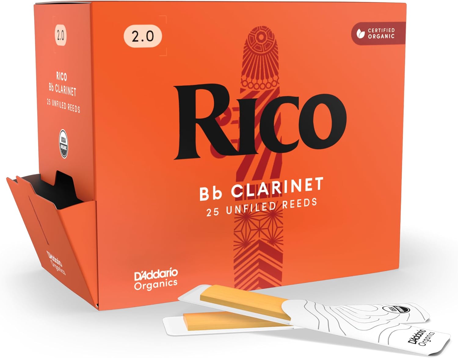 Rico Organic Bb Clarinet Reeds, Strength 2.0, 25 Pack