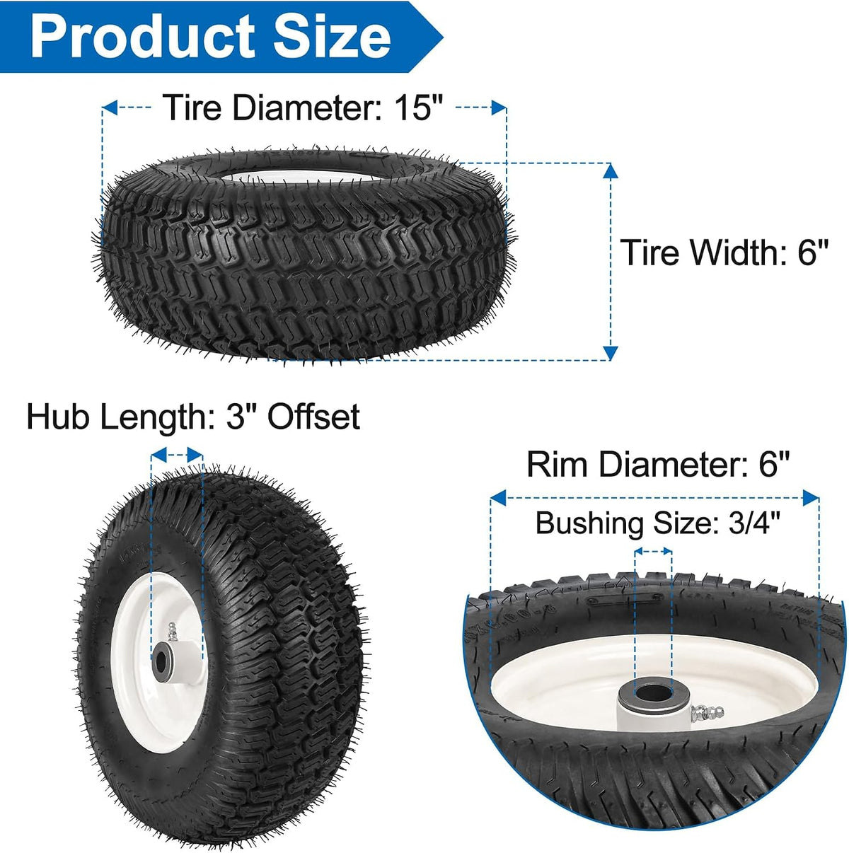 15x6.00-6nhs Lawn Mower Front Tire 4 Ply Tubeless 15x6x6 Lawn Mower 570 Lbs Tire and Wheel with 3/4" Bushing and 12 Spacers, Replacement for Garden Lawn Tractor Riding Lawn Mower, 2 Pack