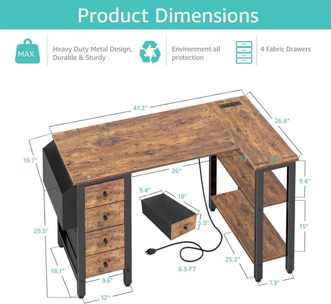 Lufeiya L Shaped Desk with Drawers & Storage Shelves, 47 Inch Small Reversible Corner Desk with Power Outlet for Home Office Bedroom, L-Shaped Gaming PC Computer Desks with Fabric Drawer, Rustic Brown
