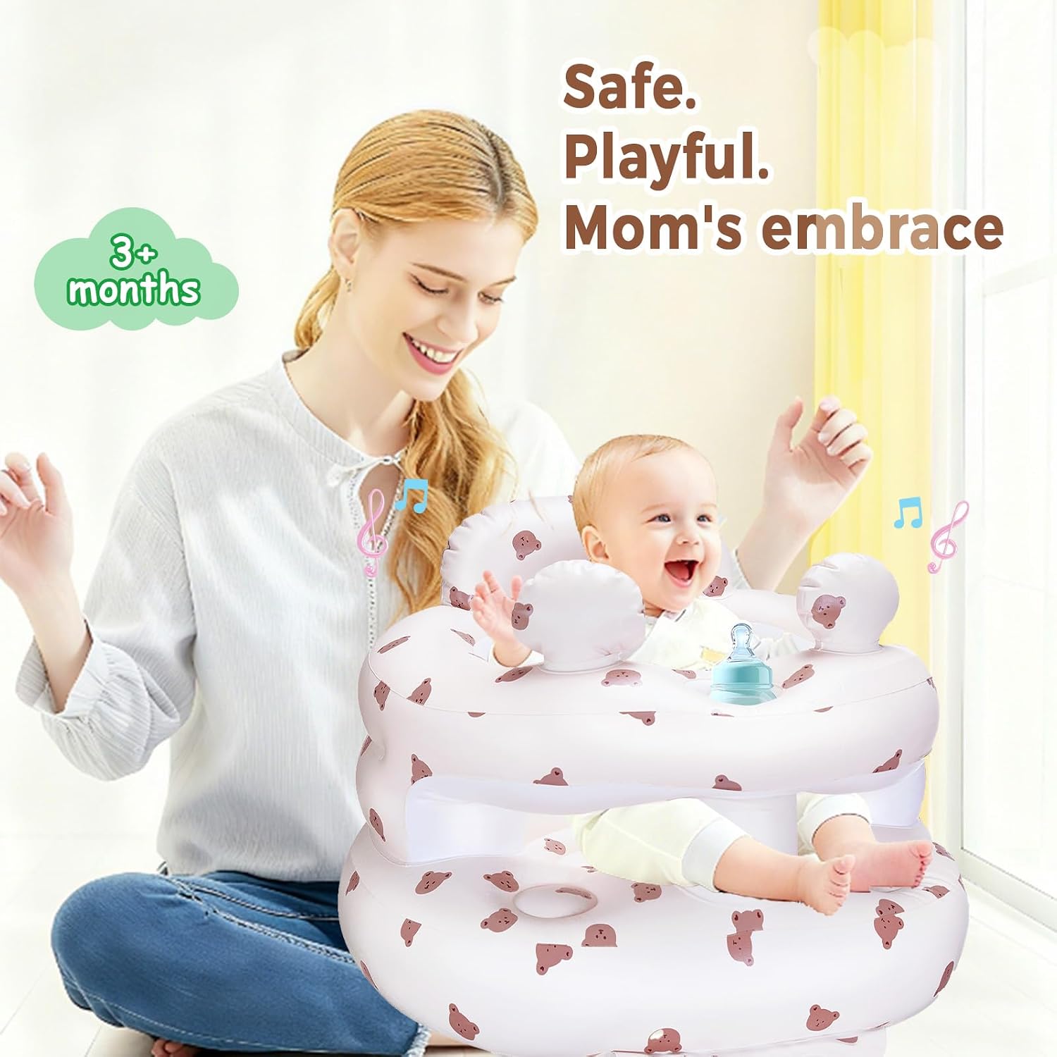 Inflatable Baby Seat for Babies 3-36 Months，[Squeaky Sound & Anti-Fall Design] Inflatable Chair with Sound-Making Ears, Baby Seat for Sitting-Up Practice, Built-in Air Pump (Ear Bear)