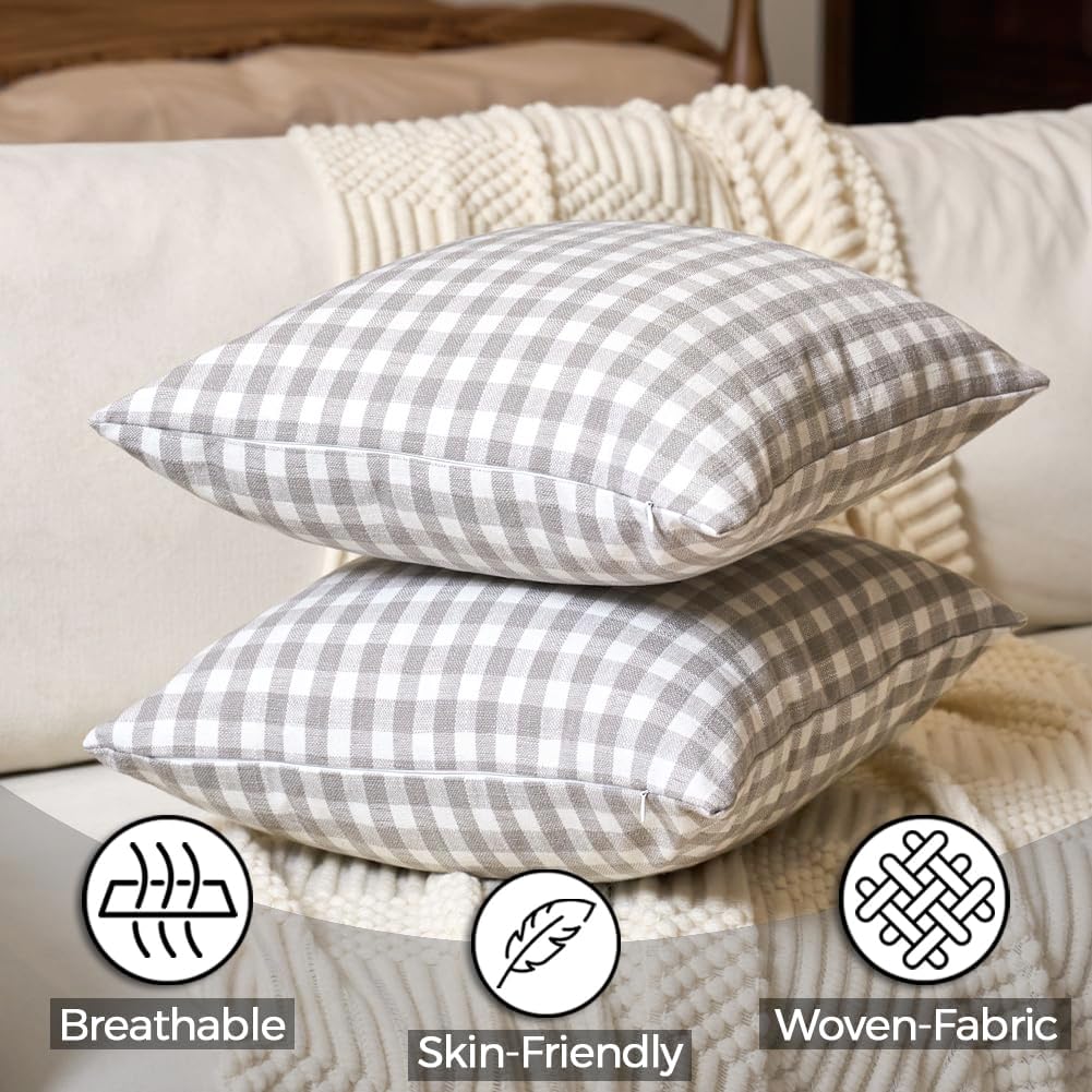 Vintage Light Grey Throw Pillows Gray Gingham Plaid Pillow Covers 16x16
