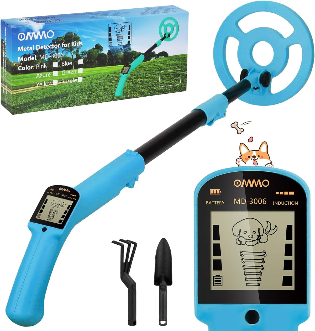 OMMO Kids Metal Detector, Adjustable 27.5"-37.8" with LCD Display (Azure)