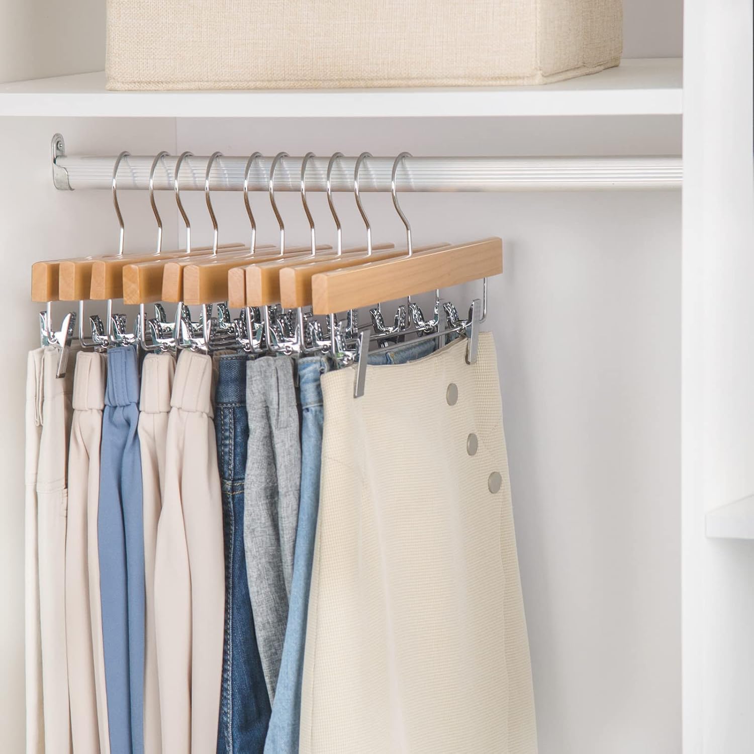 Nature Smile Wooden Pants Skirt Hangers with Clips, Natural, Pack of 10