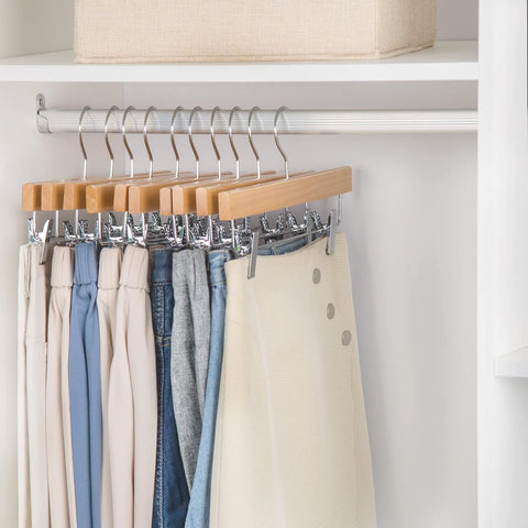 Nature Smile Wooden Pants Skirt Hangers with Clips, Natural, Pack of 10