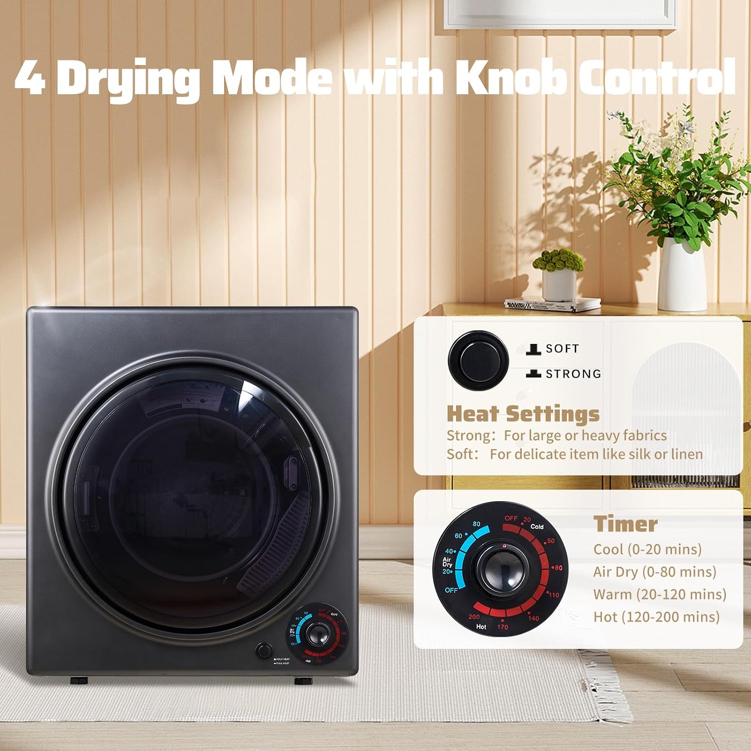 CTT Portable Clothes Dryer 3.5 cu.ft, 1500W Compact Dryer for Apartment, Front Load Laundry Dryer Machine with Stainless Steel Tub & 4 Automatic Drying Mode, RVs, Dorms, Black