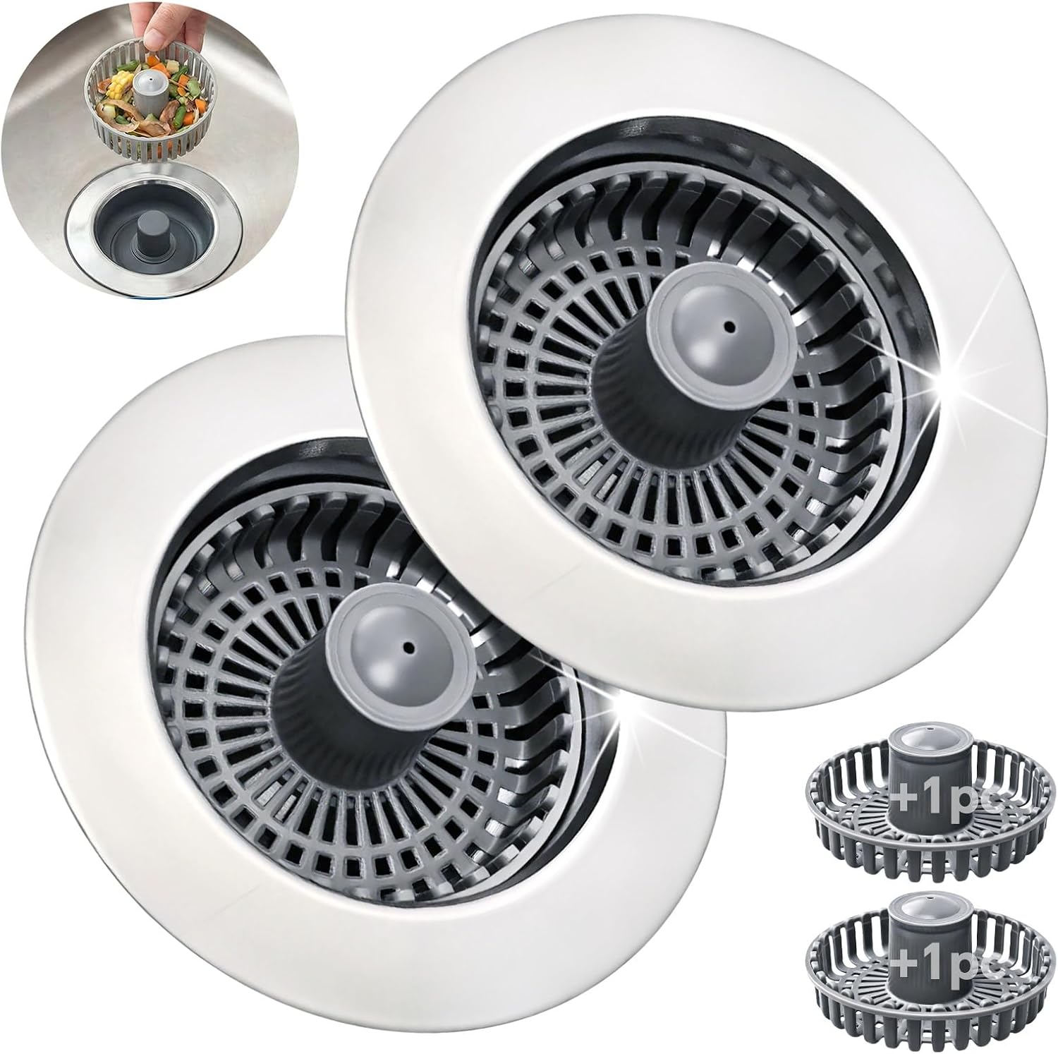 Kitchen Sink Stopper, 3 in 1 Pop Up Kitchen Sink Drain Strainer, with an Extra Basket Strainer, Sink Drain Stopper for US Standard 3-1/2 Inch, Brass Material Electroplate (Silver 2pcs)