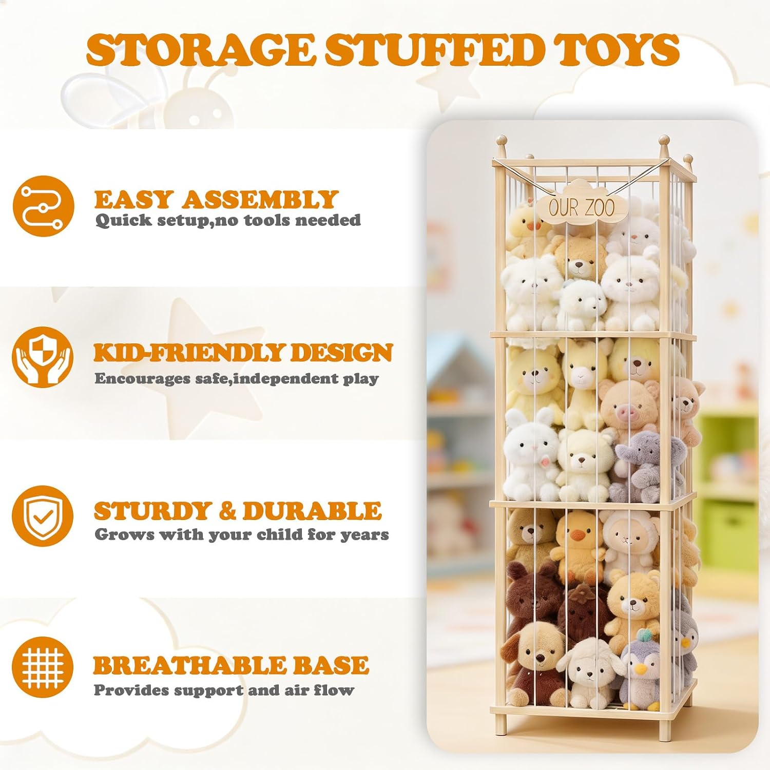 Stuffed Animal Storage,Large Wooden Toy Organizer,Anti-Tip Design,Easy Assembly