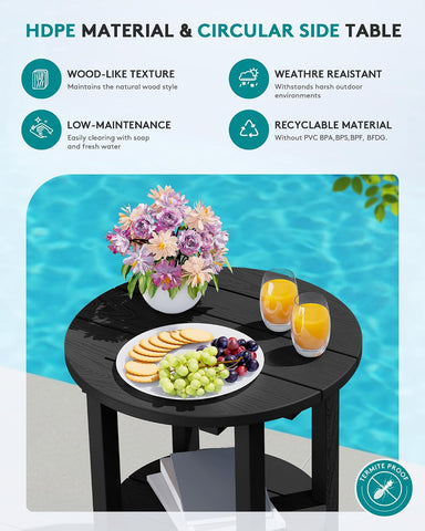 SERWALL Round Outdoor Side Table, HDPE Small Adirondack End Table, Black