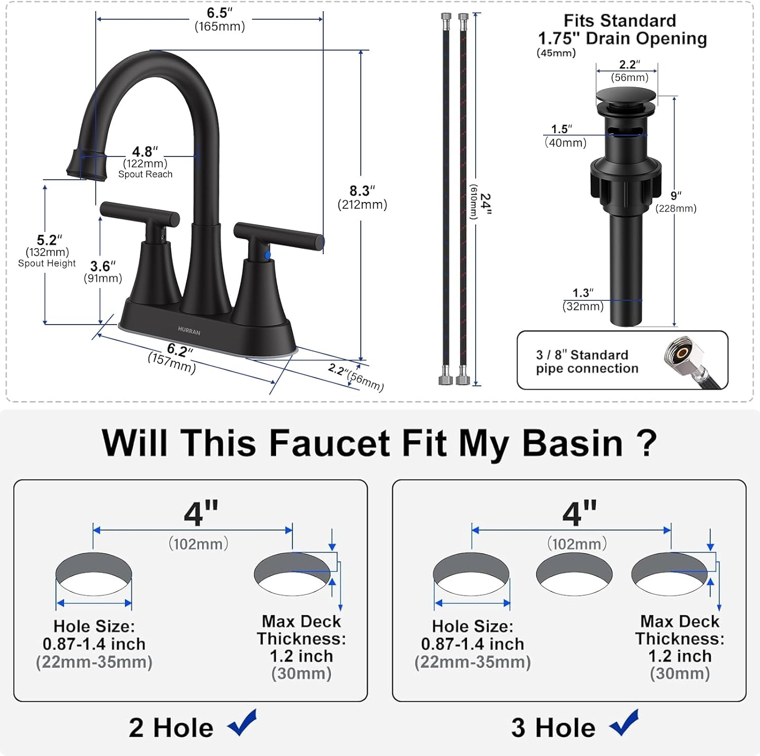 Matte Black Bathroom Faucet, Hurran 4 inch Centerset 2-Handle Lead-Free