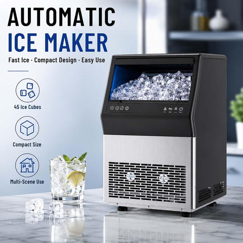 DESSIZ Commercial Ice Maker Machine, 90 lbs/24H Ice Production, 15-33 lbs Storage Bin, 45 Cubes per Cycle, Stainless Steel Under Counter & Freestanding Ice Maker with Self-Cleaning,for Bar/Restaurant