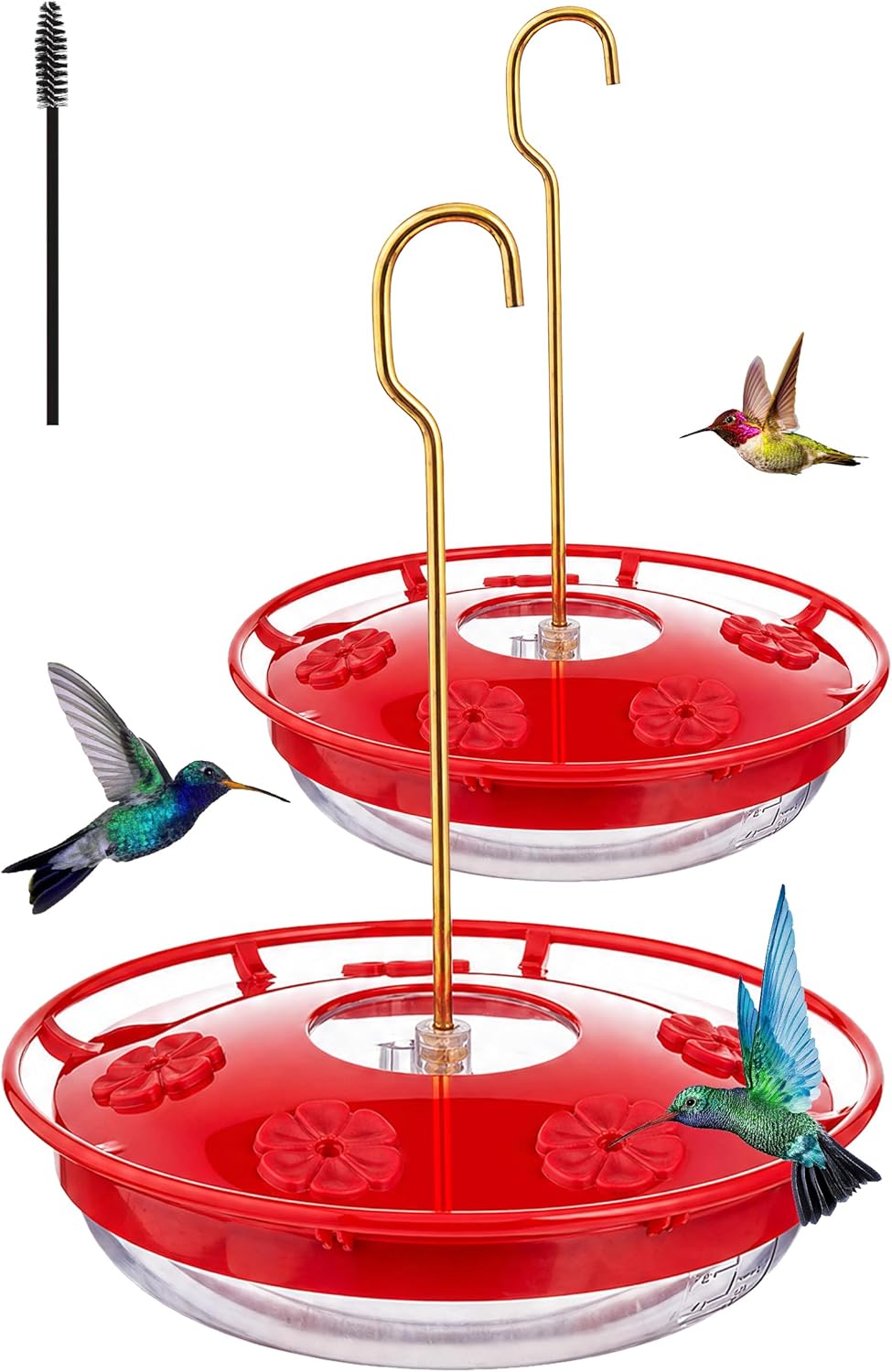 FEED GARDEN Saucer Hummingbird Feeders for Outdoors Hanging, 2 Pack 16oz Leak-Proof Nectar Feeder with Bee Guards Built-in Ant Moat, 5 Feeding Ports, Wide Mouth Easy Refill & Clean, BPA-Free,Red