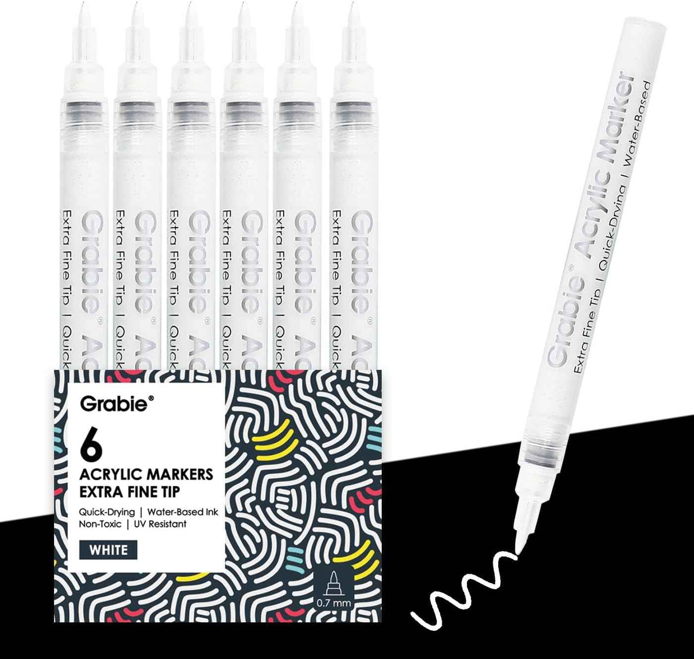 Grabie 6 White Acrylic Paint Markers, 0.7 mm Extra Fine Tip