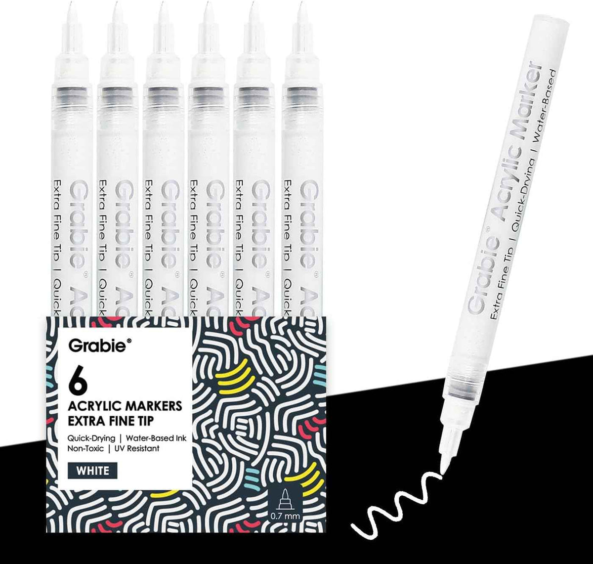 Grabie 6 White Acrylic Paint Markers, 0.7 mm Extra Fine Tip
