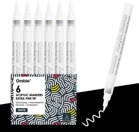 Grabie 6 White Acrylic Paint Markers, 0.7 mm Extra Fine Tip
