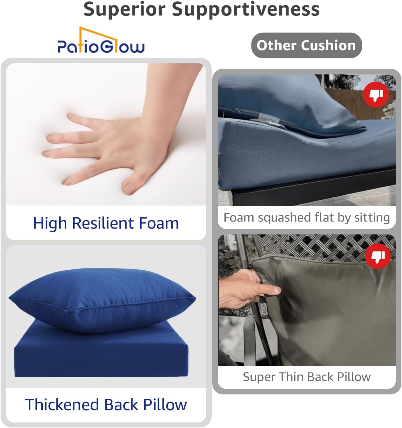 PatioGlow Outdoor Seat Cushion Set 19 x 19 x 3 Inch, Waterproof & Fade Resistant Patio Furniture Cushions with Removable Cover and Ties, Thick Deep Seating Pads for Outside Chair Sofa Couch, Blue