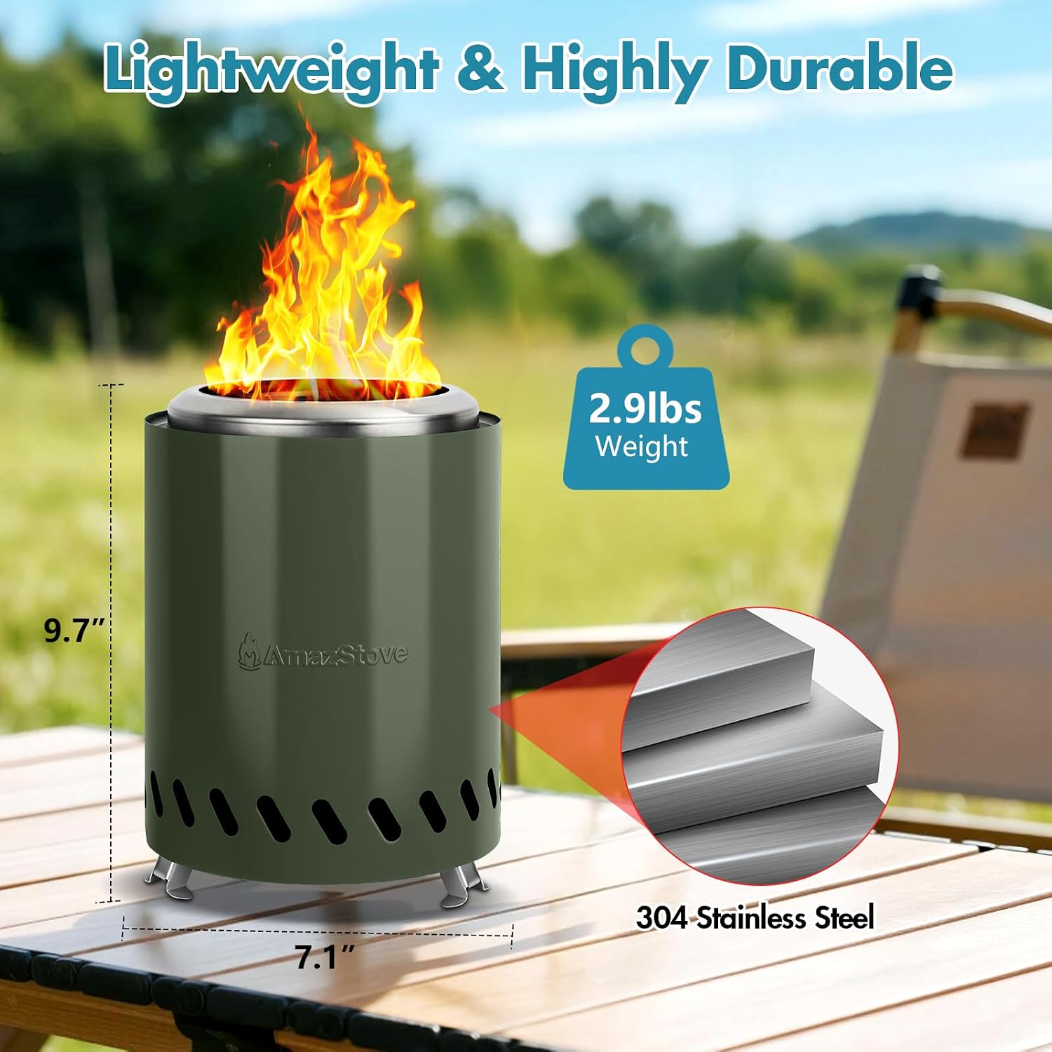 9.7 x 7.1 Inch Tabletop Fire Pit by AmazStove, Low Smoke Camping Stove for Outdoor Safe Burning Firepits, Fueled Pellets or Wood, Travel Bag Included (Green, 9.7 x 7.1 INCH)