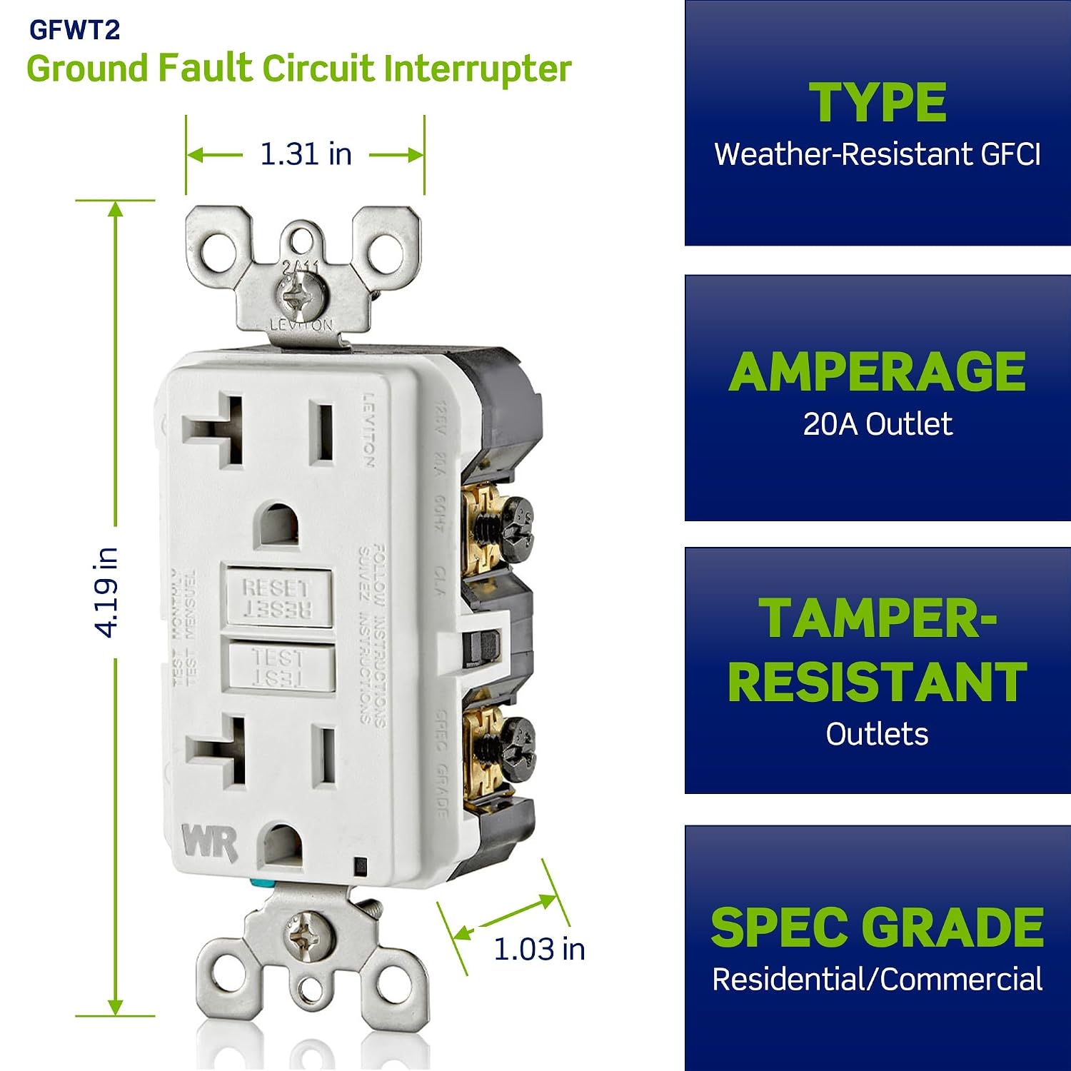 Leviton Slim GFCI Weather & Tamper-Resistant Outlet, 20 Amp, GFWT2-W, White