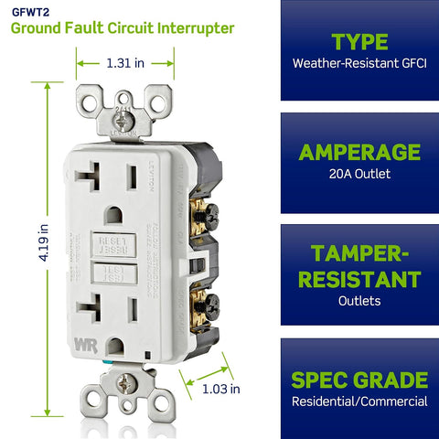 Leviton Slim GFCI Weather & Tamper-Resistant Outlet, 20 Amp, GFWT2-W, White